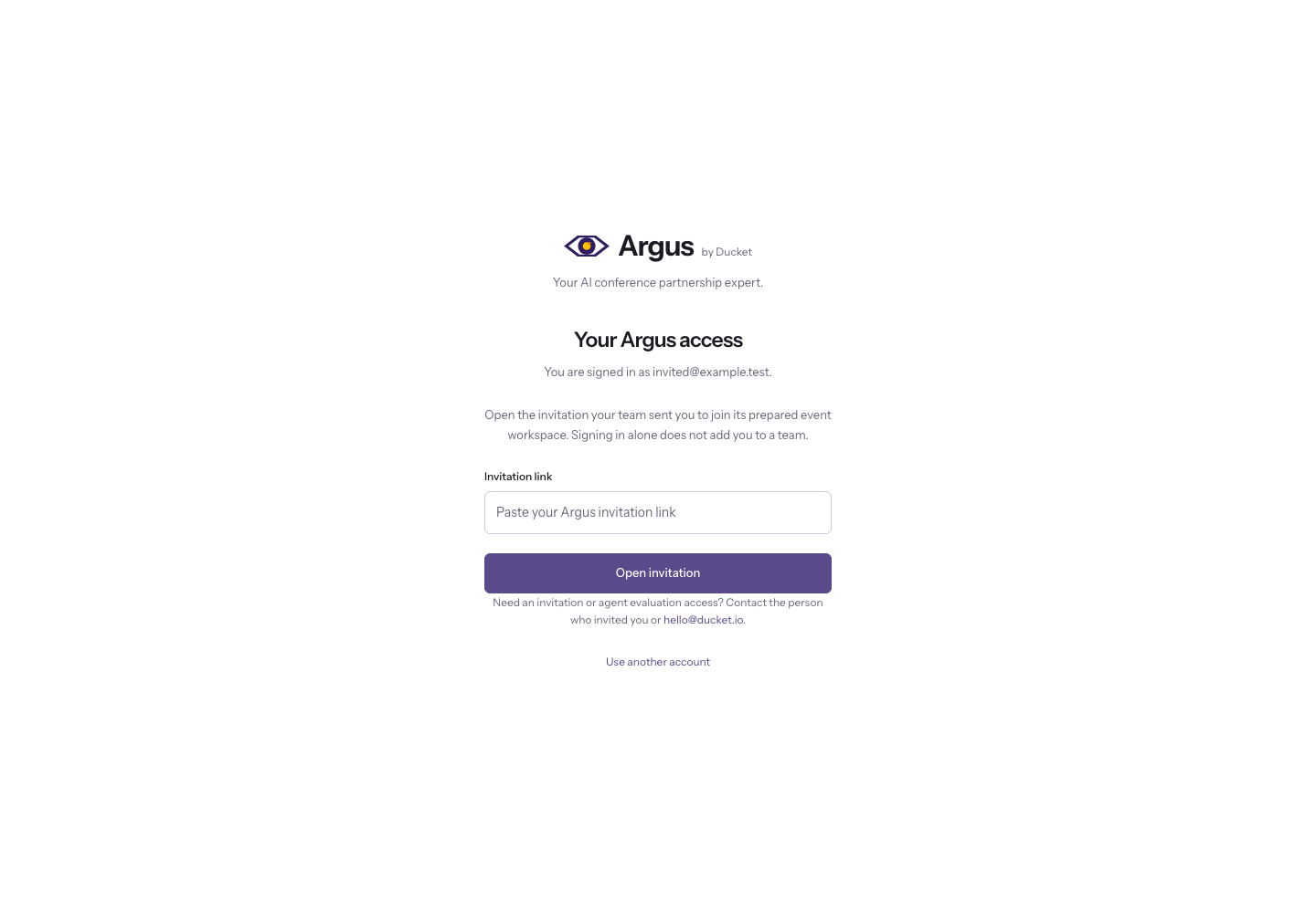 Argus access page for a signed-in synthetic account without team membership, with an invitation link field