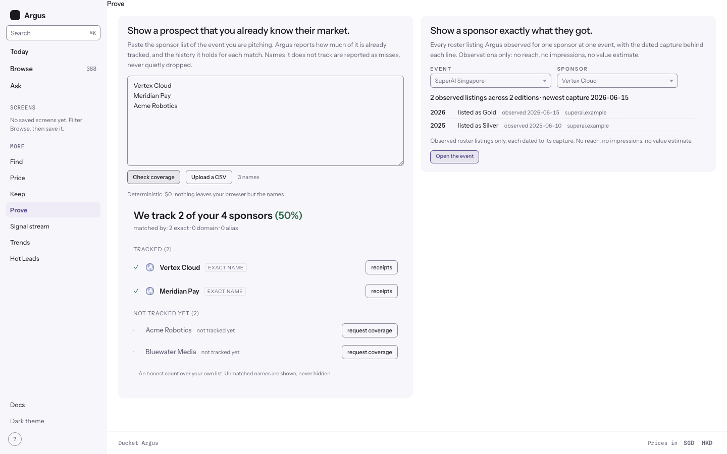 The Prove page with the coverage check and the recap picker