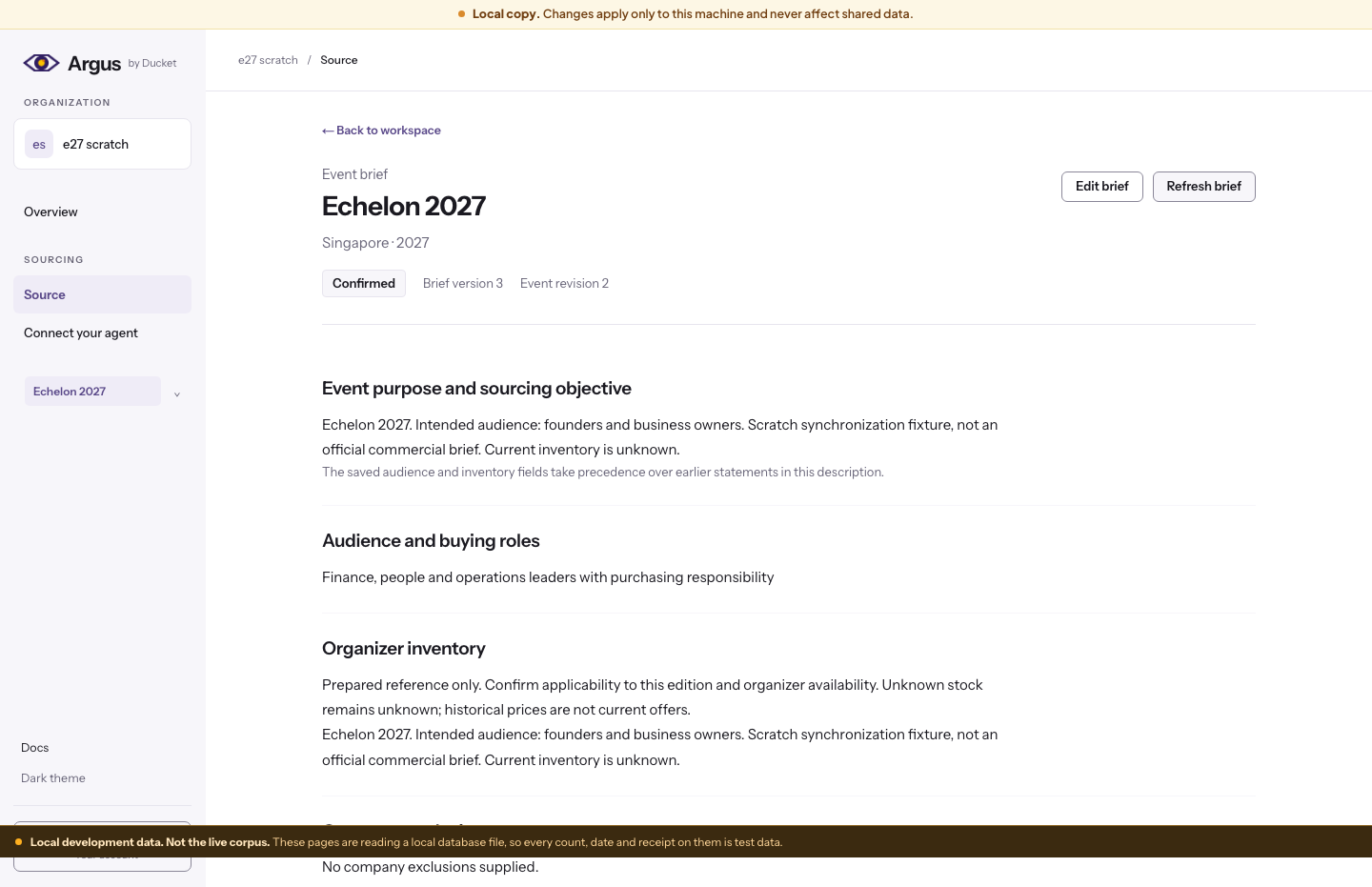 Saved Echelon scratch brief with confirmation state, version, audience and organizer inventory sections