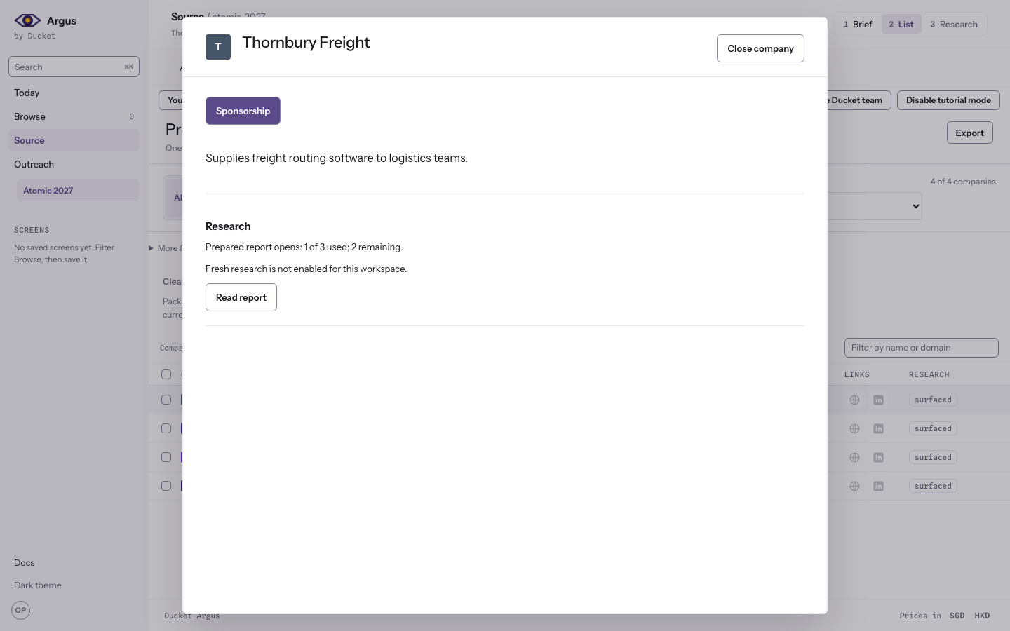 Company drawer with a business description and Read report action