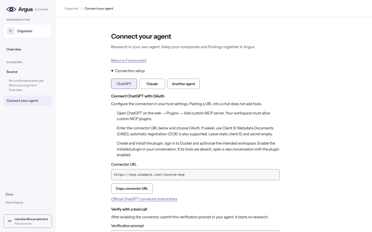 Argus connection setup with private setup copy, observed connection status and optional connector help