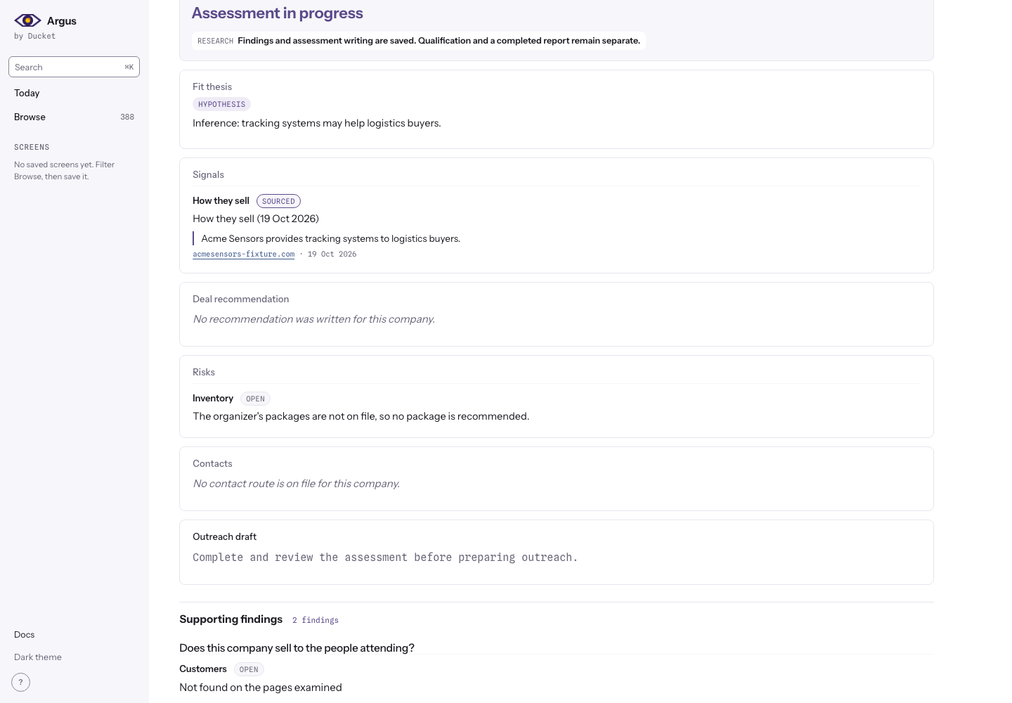 A held company with an assessment in progress, sources and outstanding questions