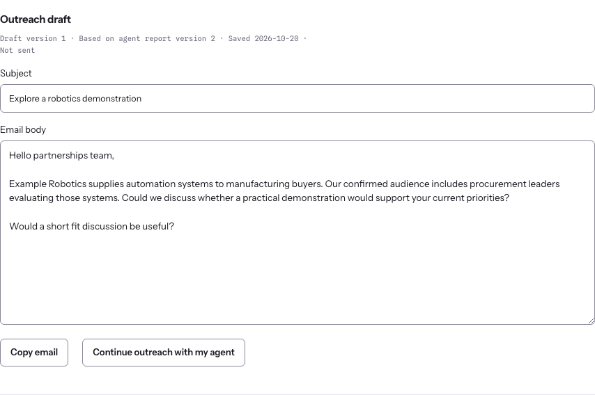 Saved outreach subject and body with report provenance and Copy email