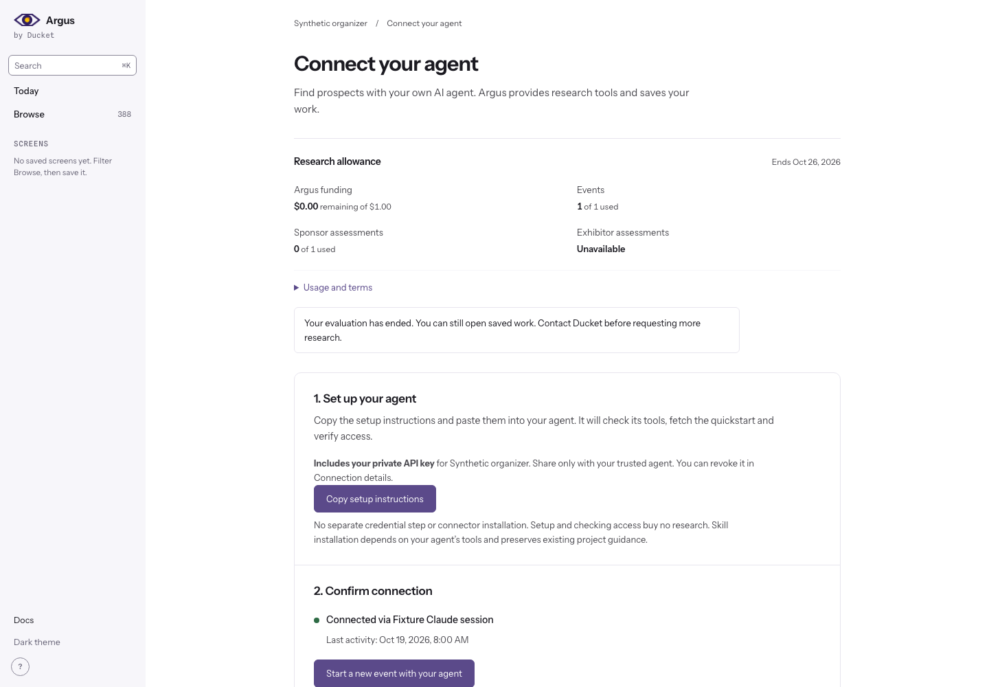 A synthetic evaluation showing expired research permission while saved work remains available