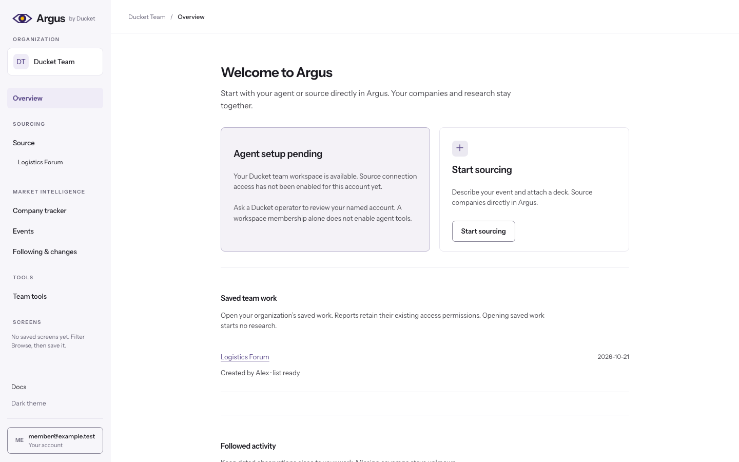 Synthetic team Overview showing shared saved event work, creator attribution and the common Argus navigation
